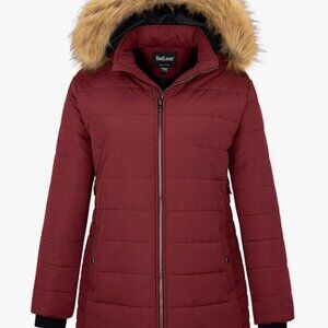 Women's Size 4X Red Puffer Winter Coat with Detachable Hood and Trim